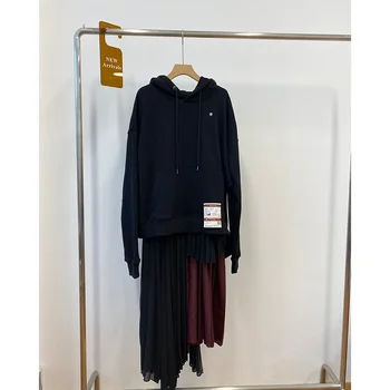 Осеннее женское платье 2022 Асимметричного Контрастного Цвета, Плиссированное Многослойное Платье с капюшоном