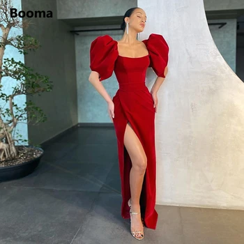 Booma Винно-красные Атласные Вечерние Платья-футляр с Короткими Пышными рукавами И Высоким Разрезом, Облегающие Вечерние платья с рюшами, Вечерние платья