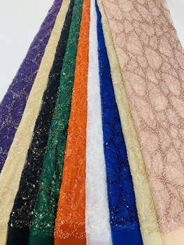 Роскошная африканская кружевная ткань с тяжелыми бусинами, Новая высококачественная ткань из 5 ярдов нигерийских блесток, французский тюль, материал для свадебной вечеринки